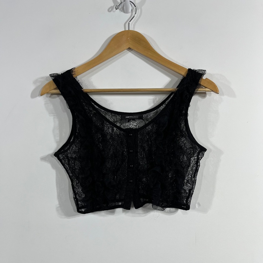 Witchy Fairy Grunge Black Sheer Lace Ruffle Crop Top Button Front Womens Medium